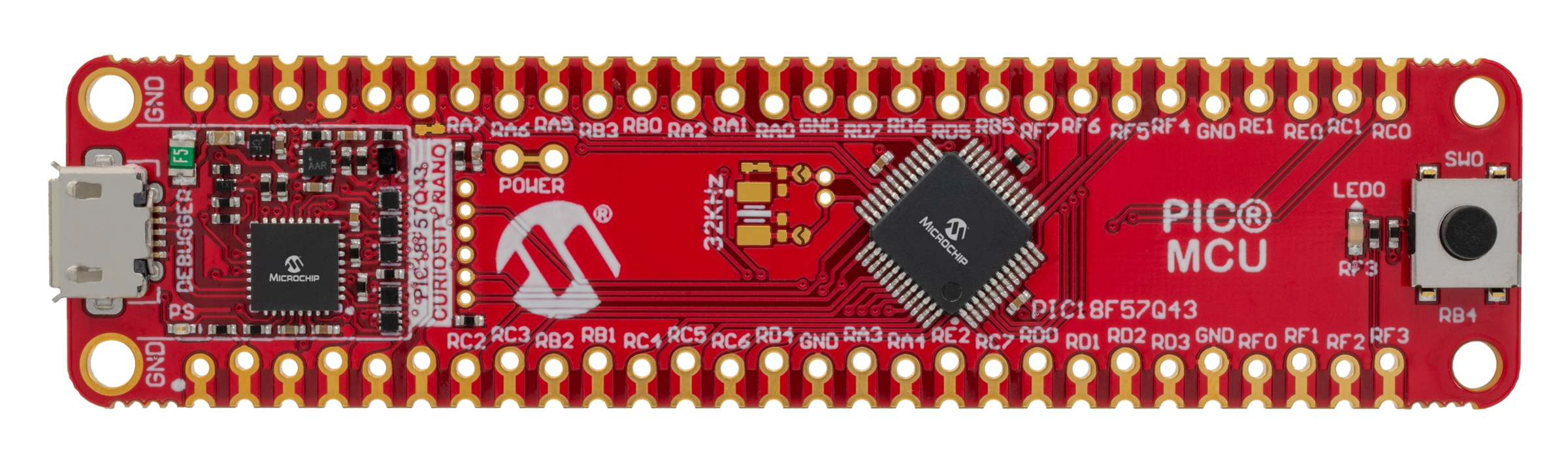 Microchip Technology-DM164150 組み込みシステム開発ボードおよびキット 191206-MCU8-PHOTO-DM164150-PIC18F57Q43-CNANO-Front-Transparent