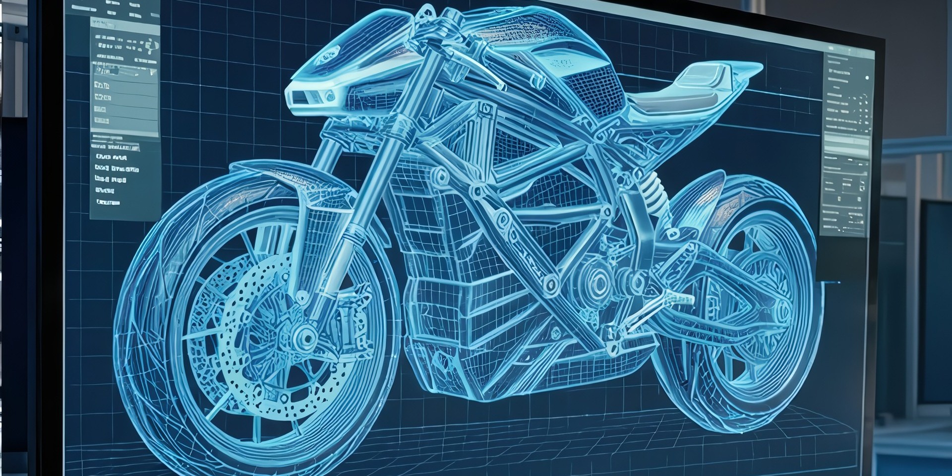 Un renderizado digital detallado de una motocicleta mostrado en un monitor grande