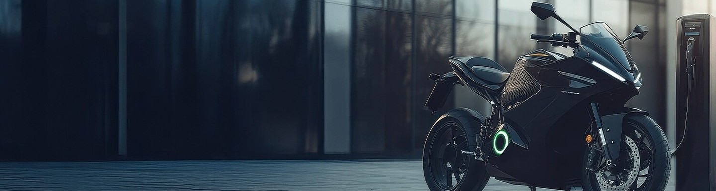 Una moderna motocicleta eléctrica negra está estacionada en una estación de carga en un entorno urbano.
