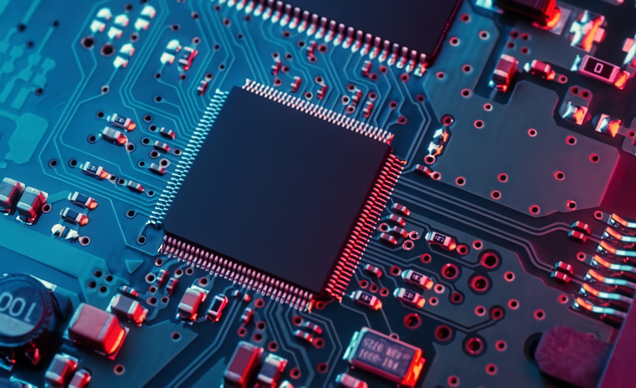 A detailed view of a circuit board featuring microchips and electronic components.
