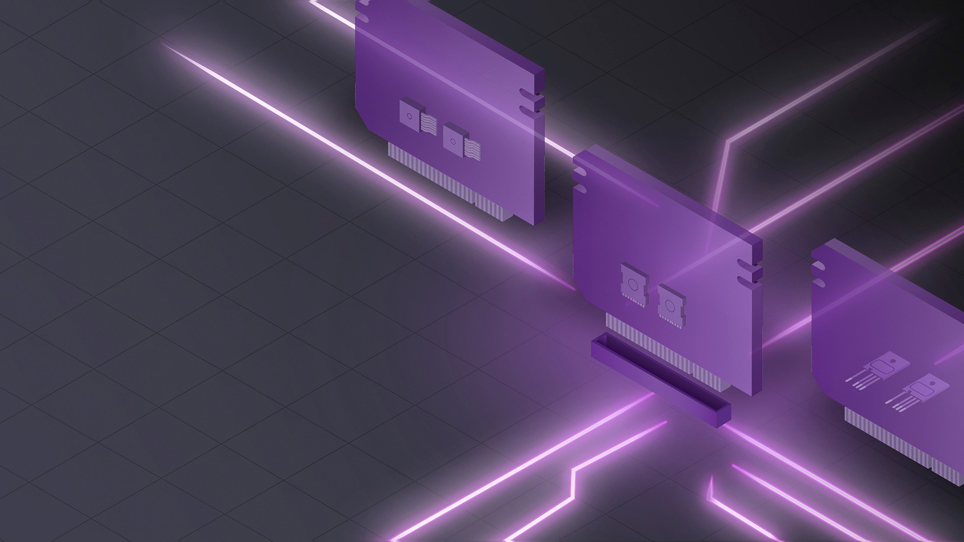 디지털 데이터 전송의 추상적 표현을 담은 보라색 톤 그래픽