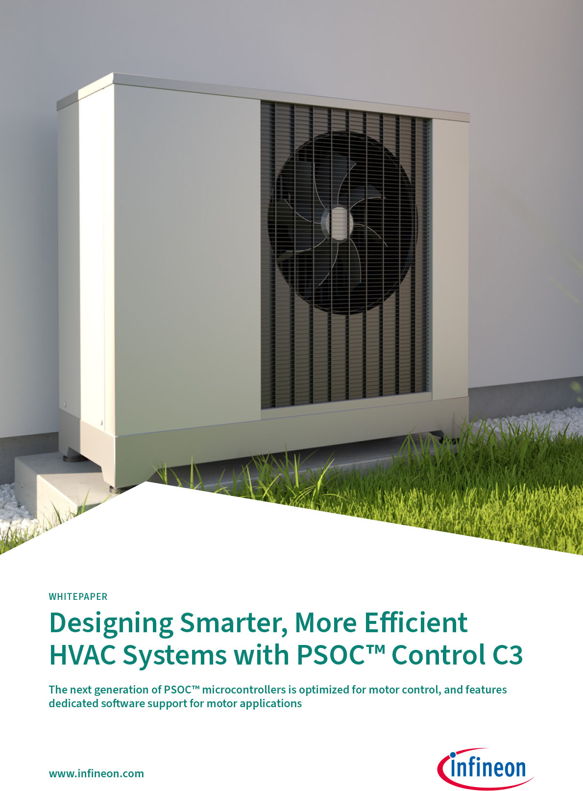 Un elegante sistema de HVAC se encuentra al aire libre sobre una base de concreto rodeada de césped.