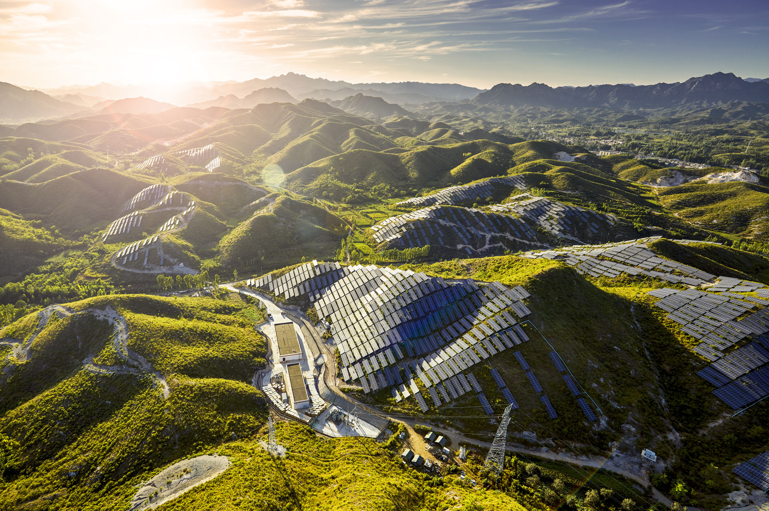 Aerial hillside solar photovoltaic power station